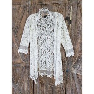 Real Lace Cardigan Size M Ivory 3/4 Sleeves Scalloped Edges Open Front Festival